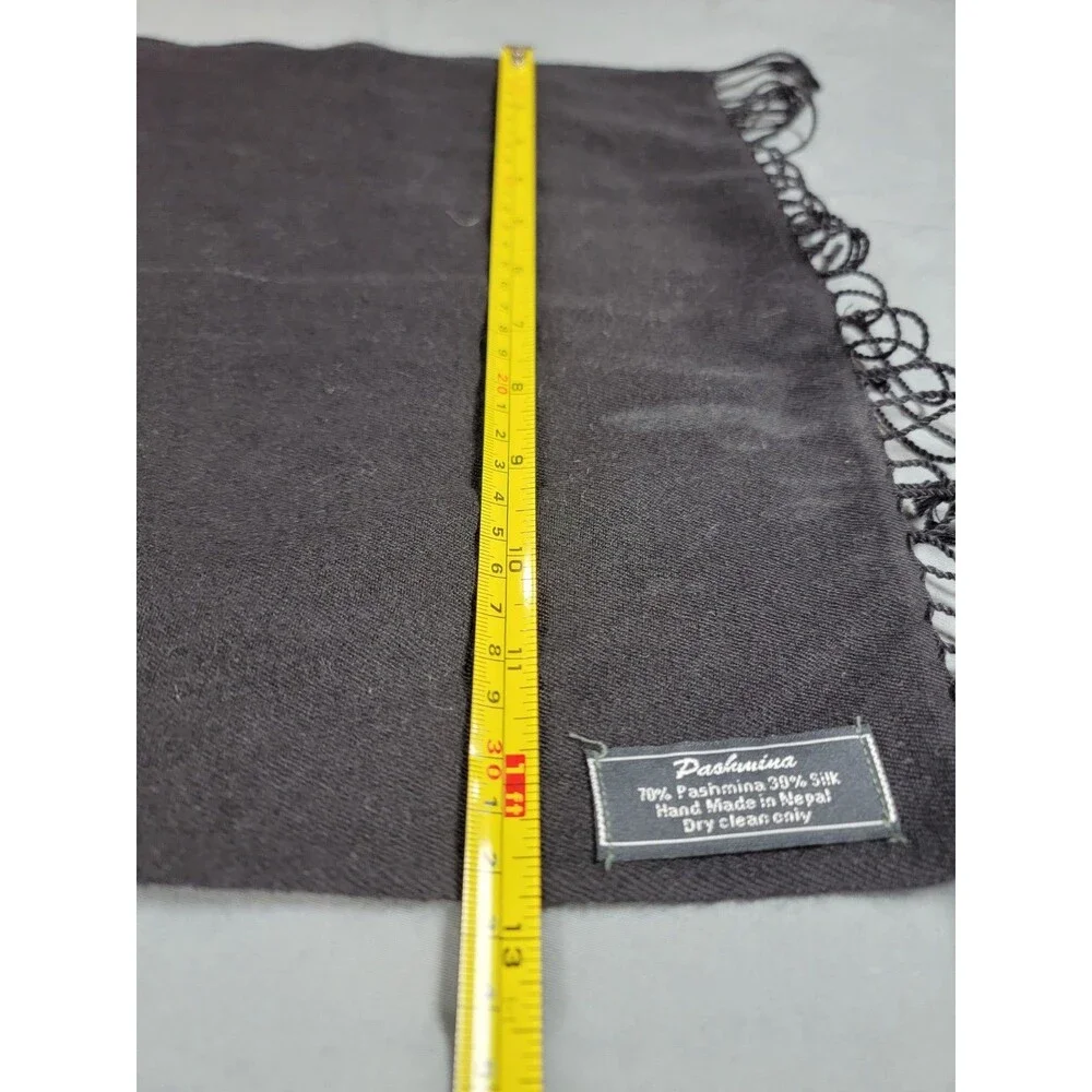 Pashmina Black Scarf Wrap 70% Pashmina 30% Silk Handmade Nepal Fringe 64